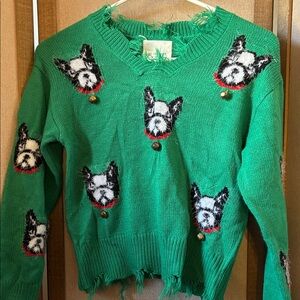 No Comment Girls Green Dog Pattern Sweater With Bells large